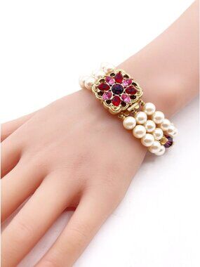 Vintage 1928 Jewelry Co Faux Pearl Red Purple Beaded Bracelet Victorian Revival